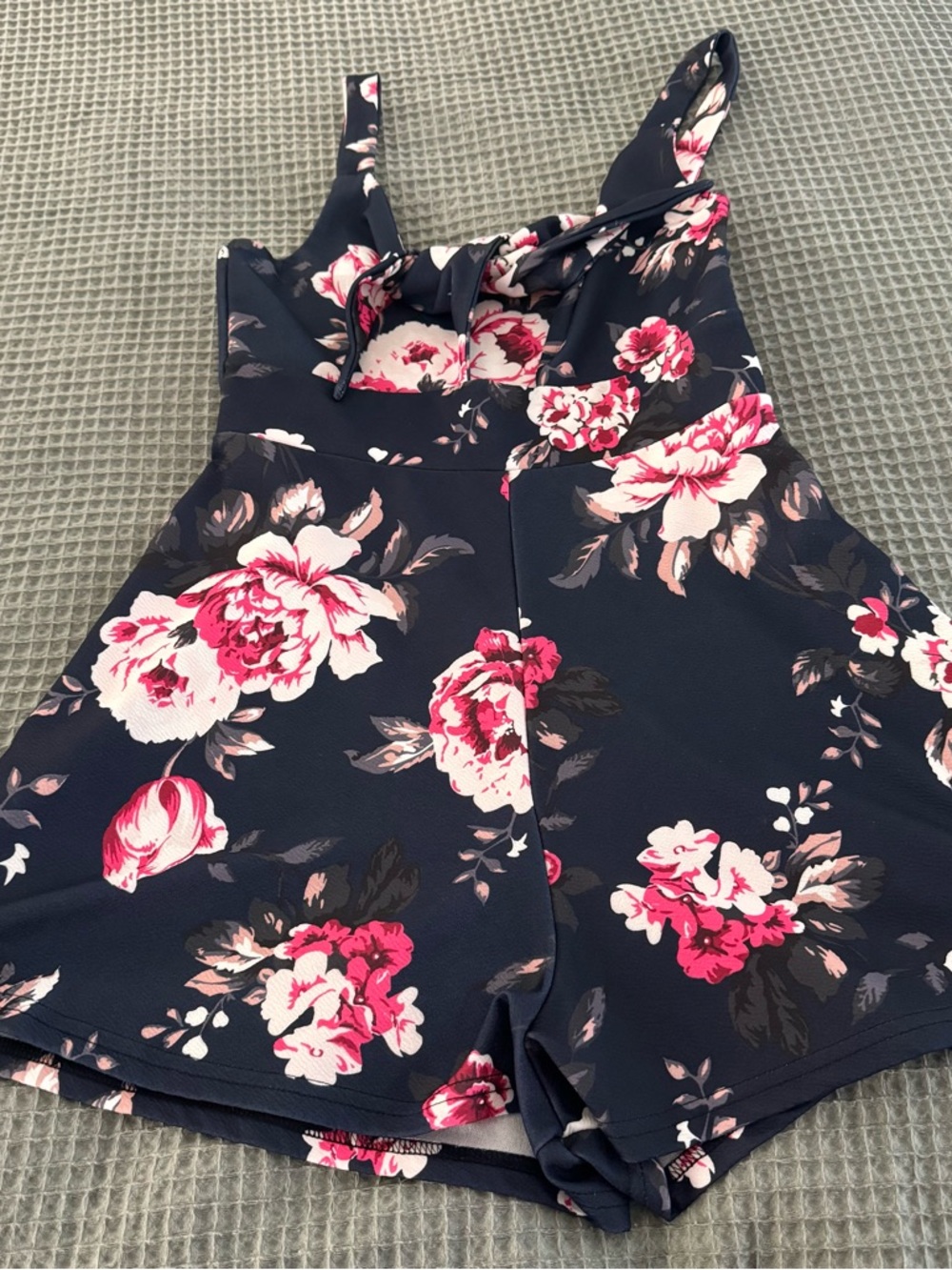 Navy Floral Tie-Front Romper with Pink Roses